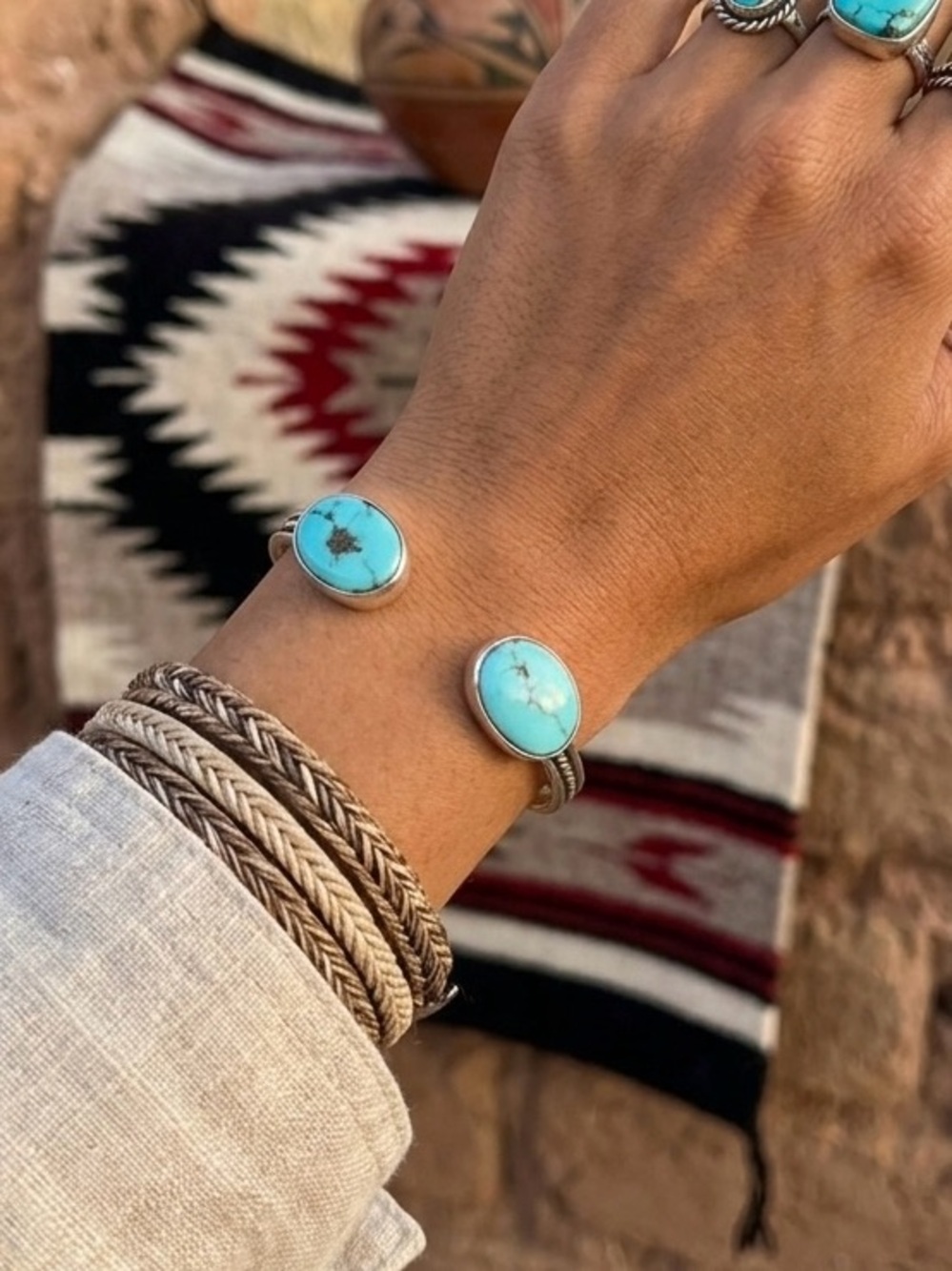 Navajo Native American Sterling Silver Turquoise Cuff Bracelet 6.75"